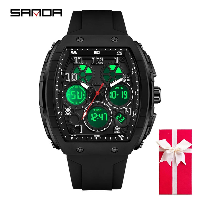 Men Sports Digital Wrist Watches for Male Clock Dual Display Man Tonneau Watches Chronograph Luminous Silicone Band Dropship